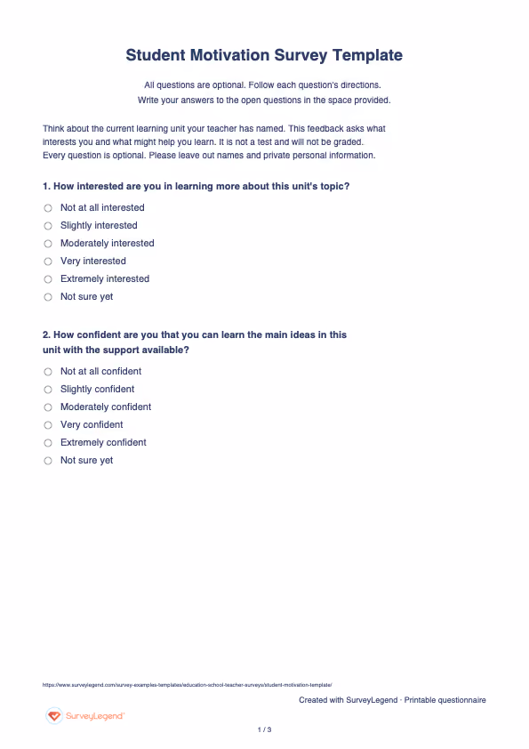 First page of the printable Student Motivation Survey Template with questions and answer spaces