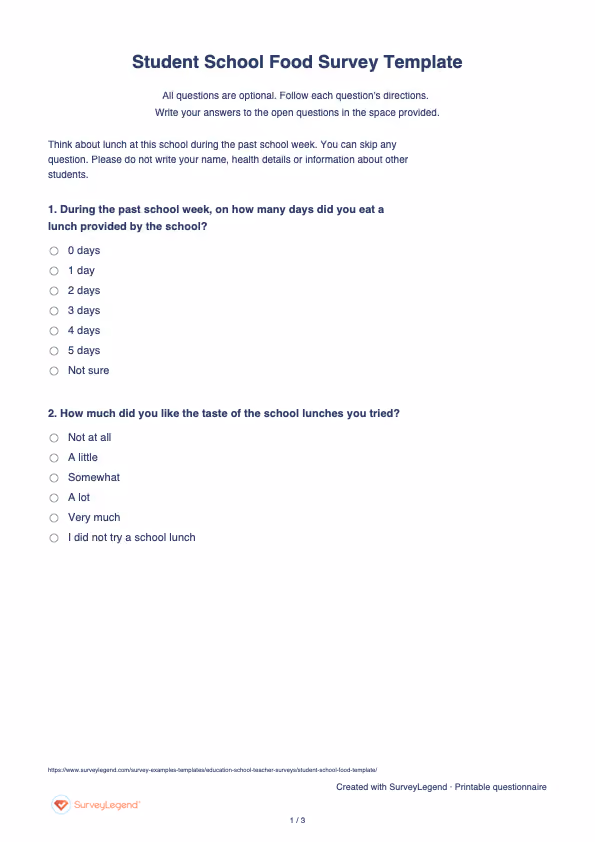 First page of the printable Student School Food Survey Template with questions and answer spaces