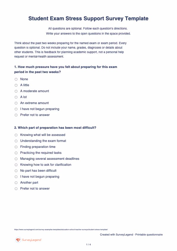First page of the printable Student Exam Stress Support Survey Template with questions and answer spaces