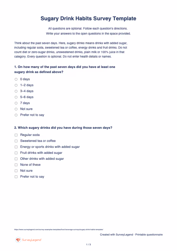 First page of the printable Sugary Drink Habits Survey Template with questions and answer spaces