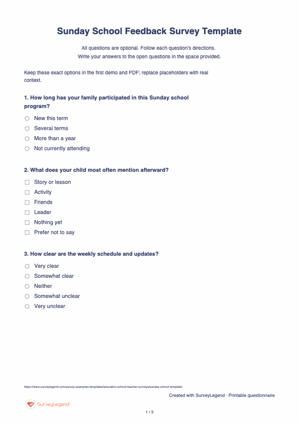 First page of the printable Sunday School Feedback Survey Template with questions and answer spaces