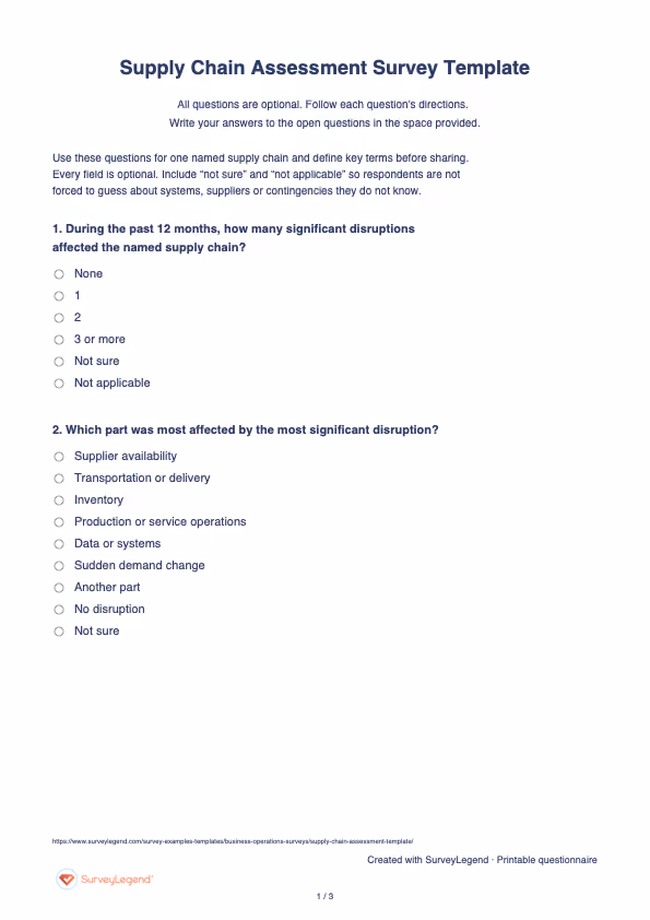 First page of the printable Supply Chain Assessment Survey Template with questions and answer spaces
