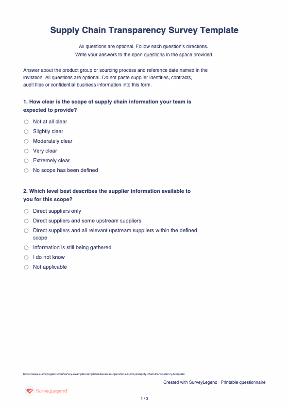 First page of the printable Supply Chain Transparency Survey Template with questions and answer spaces