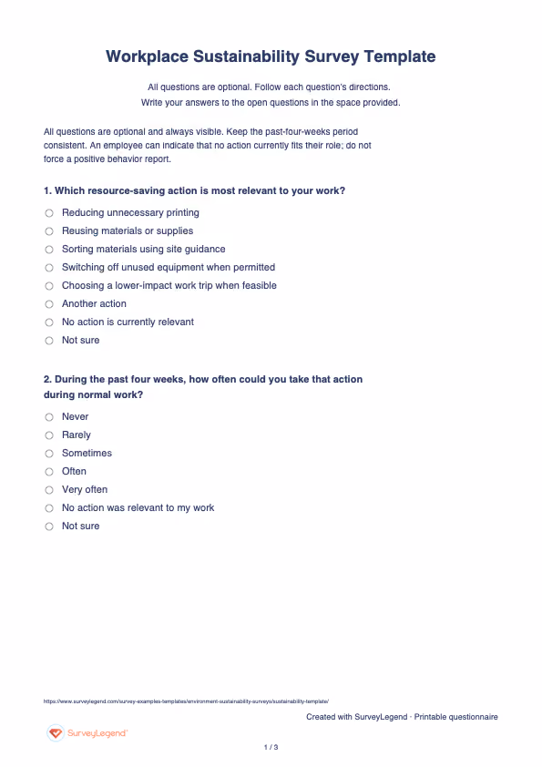 First page of the printable Workplace Sustainability Survey Template with questions and answer spaces