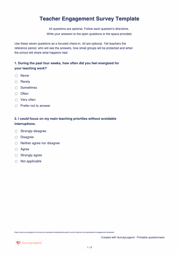 First page of the printable Teacher Engagement Survey Template with questions and answer spaces
