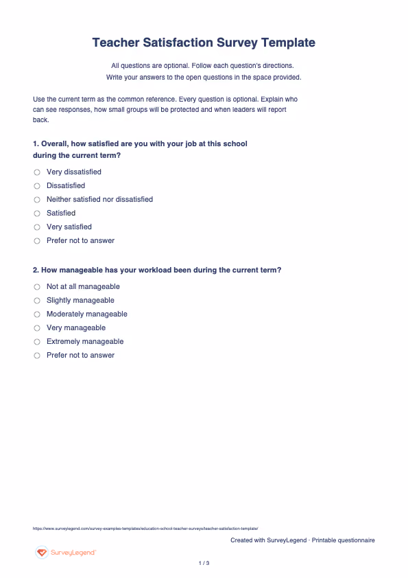 First page of the printable Teacher Satisfaction Survey Template with questions and answer spaces