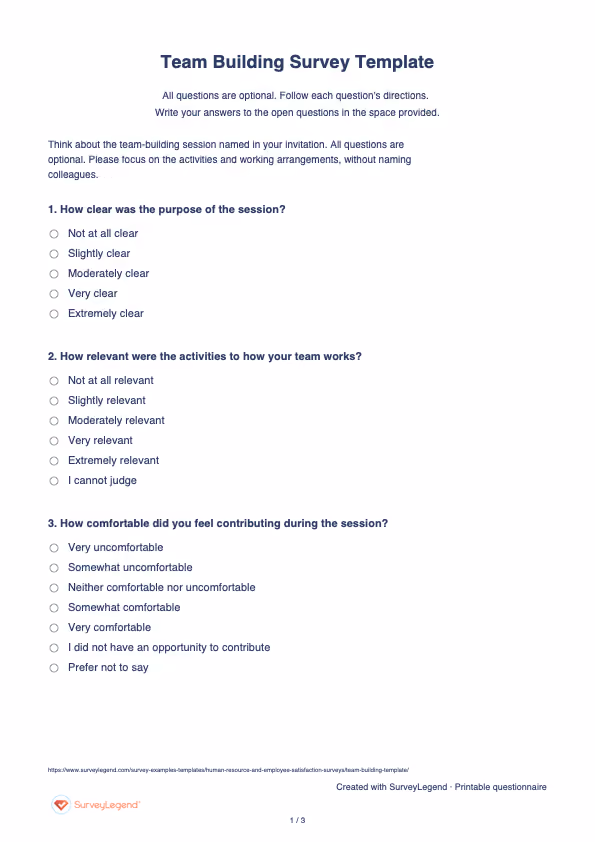 First page of the printable Team Building Survey Template with questions and answer spaces