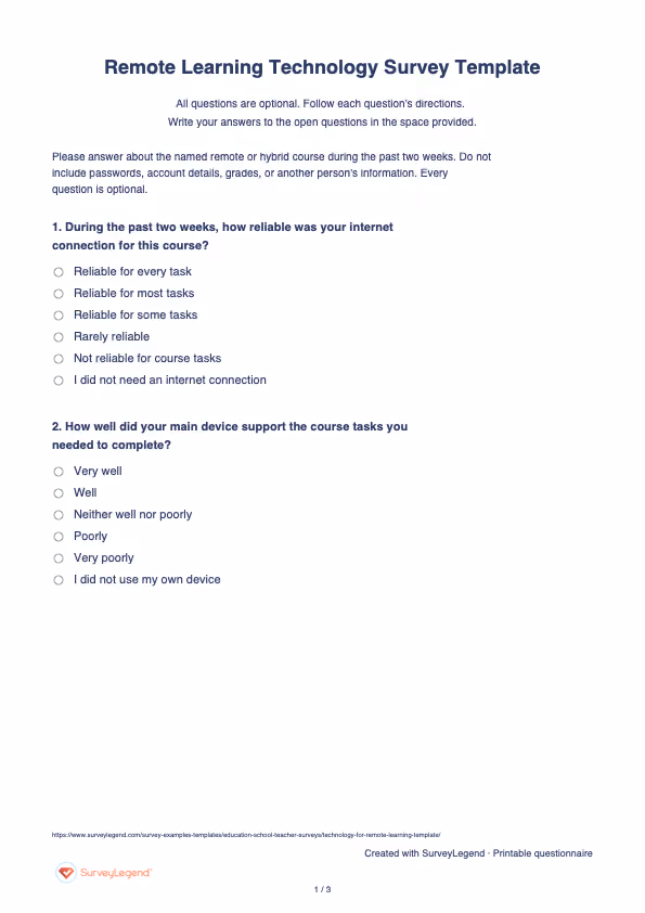 First page of the printable Remote Learning Technology Survey Template with questions and answer spaces