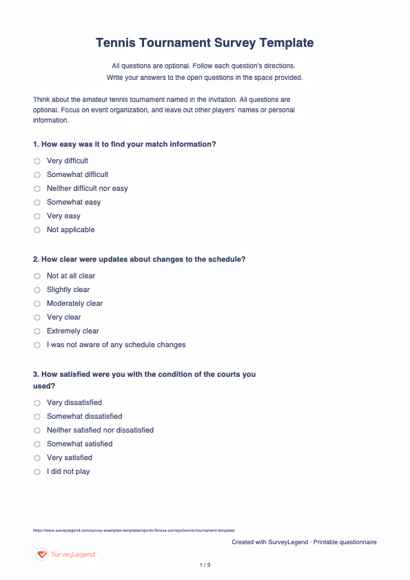 First page of the printable Tennis Tournament Survey Template with questions and answer spaces