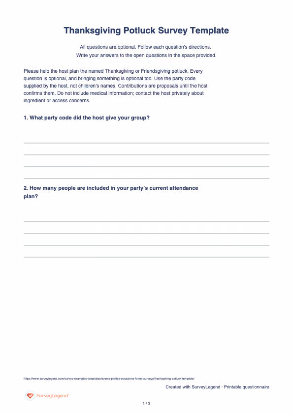 First page of the printable Thanksgiving Potluck Survey Template with questions and answer spaces