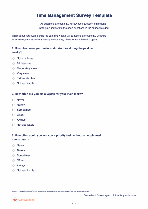 First page of the printable Time Management Survey Template with questions and answer spaces