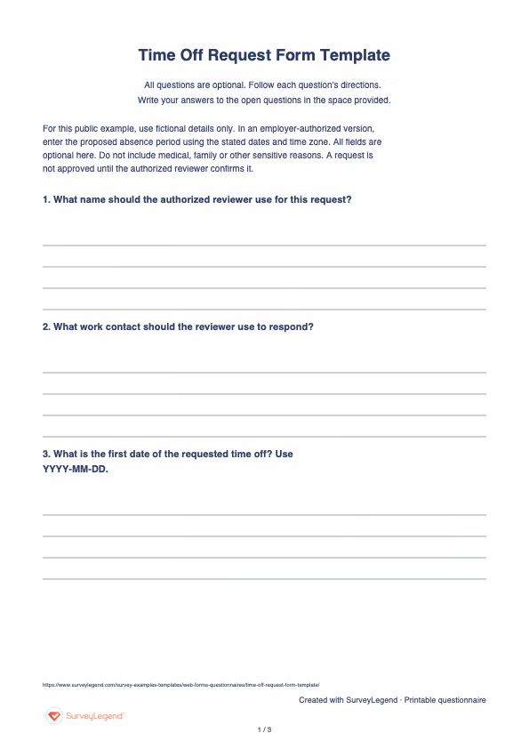 First page of the printable Time Off Request Form Template with questions and answer spaces