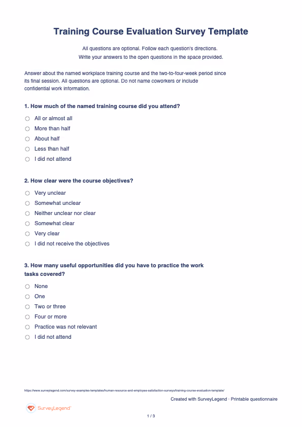 First page of the printable Training Course Evaluation Survey Template with questions and answer spaces