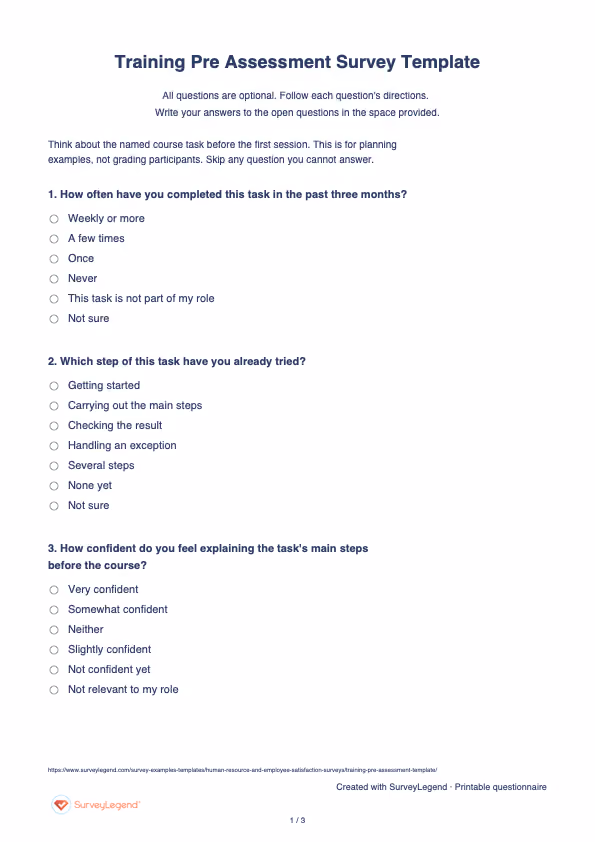 First page of the printable Training Pre Assessment Survey Template with questions and answer spaces