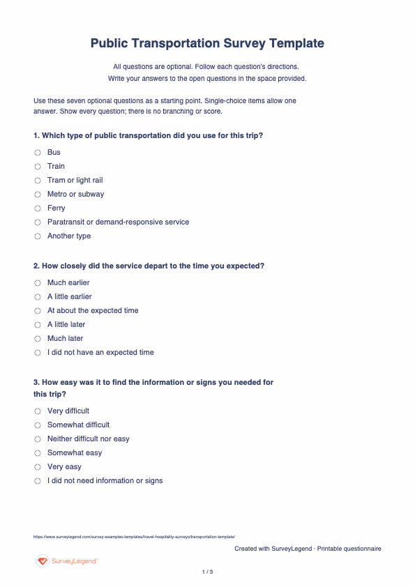 First page of the printable Public Transportation Survey Template with questions and answer spaces