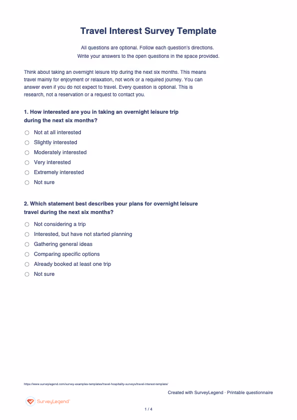 First page of the printable Travel Interest Survey Template with questions and answer spaces