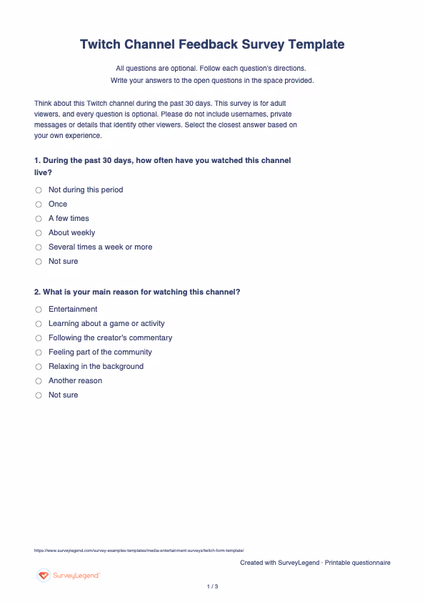 First page of the printable Twitch Channel Feedback Survey Template with questions and answer spaces
