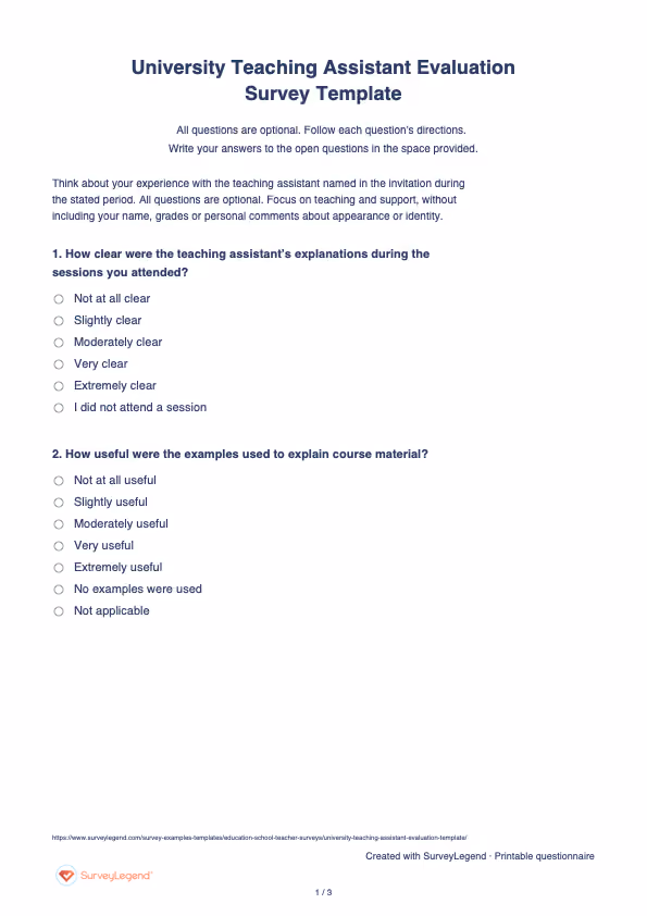First page of the printable University Teaching Assistant Evaluation Survey Template with questions and answer spaces