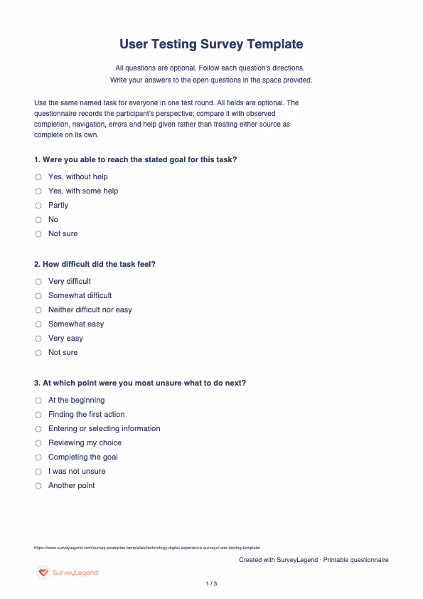 First page of the printable User Testing Survey Template with questions and answer spaces