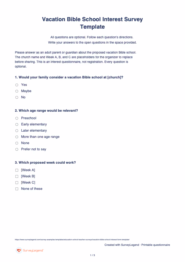 First page of the printable Vacation Bible School Interest Survey Template with questions and answer spaces
