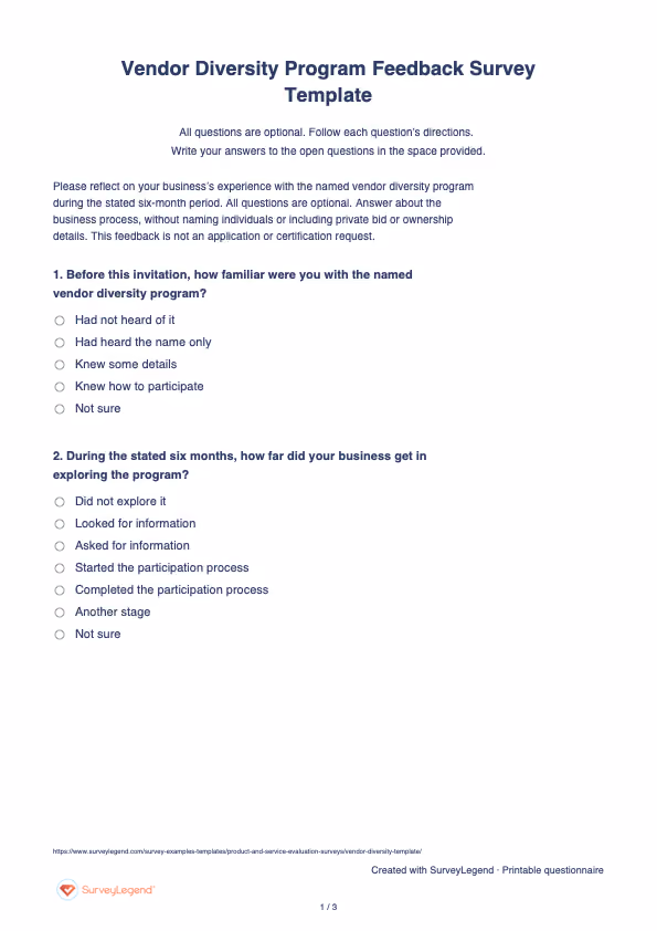 First page of the printable Vendor Diversity Program Feedback Survey Template with questions and answer spaces