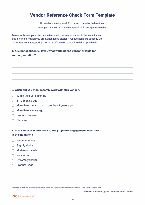 First page of the printable Vendor Reference Check Form Template with questions and answer spaces