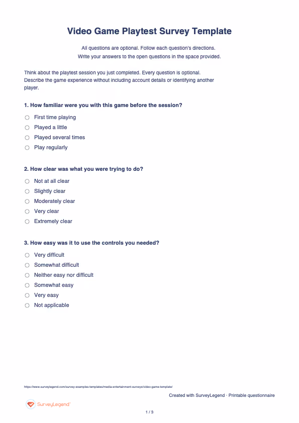 First page of the printable Video Game Playtest Survey Template with questions and answer spaces