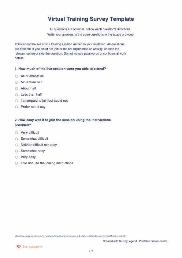 First page of the printable Virtual Training Survey Template with questions and answer spaces