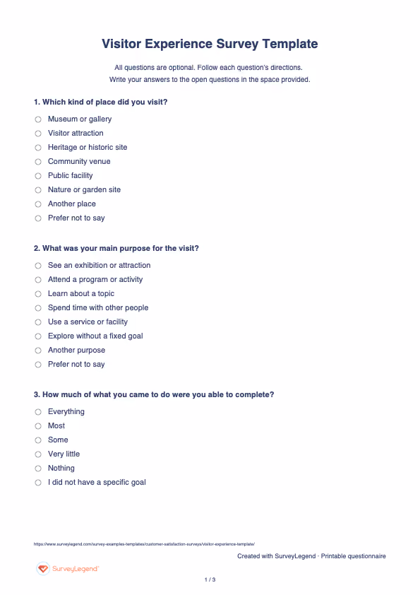 First page of the printable Visitor Experience Survey Template with questions and answer spaces