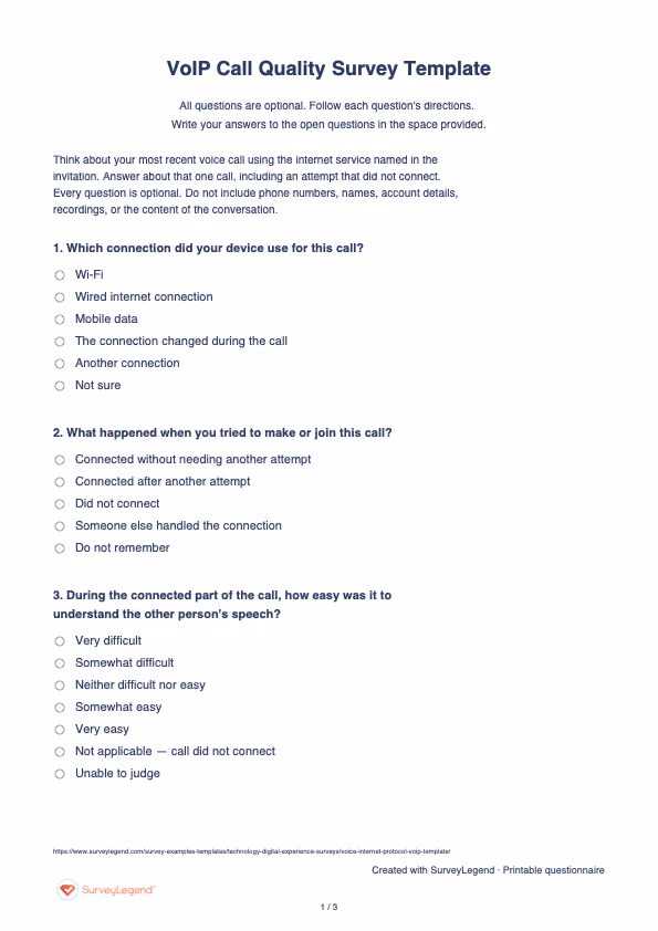 First page of the printable VoIP Call Quality Survey Template with questions and answer spaces