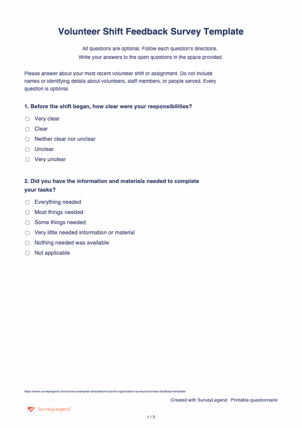 First page of the printable Volunteer Shift Feedback Survey Template with questions and answer spaces