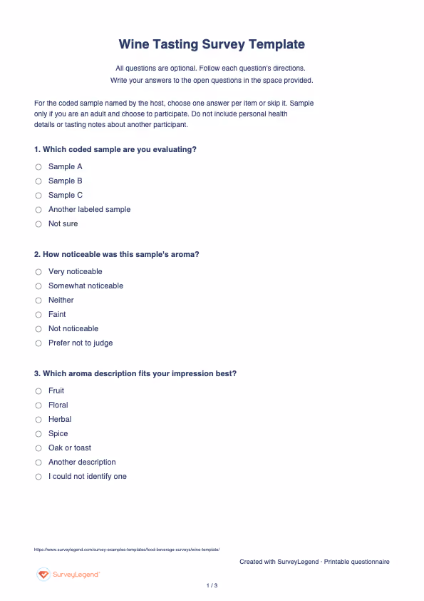 First page of the printable Wine Tasting Survey Template with questions and answer spaces