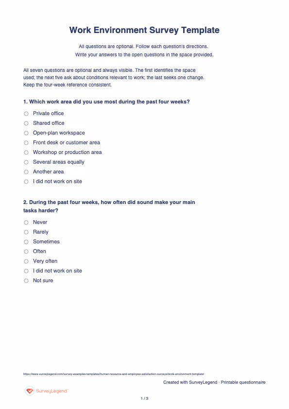 First page of the printable Work Environment Survey Template with questions and answer spaces