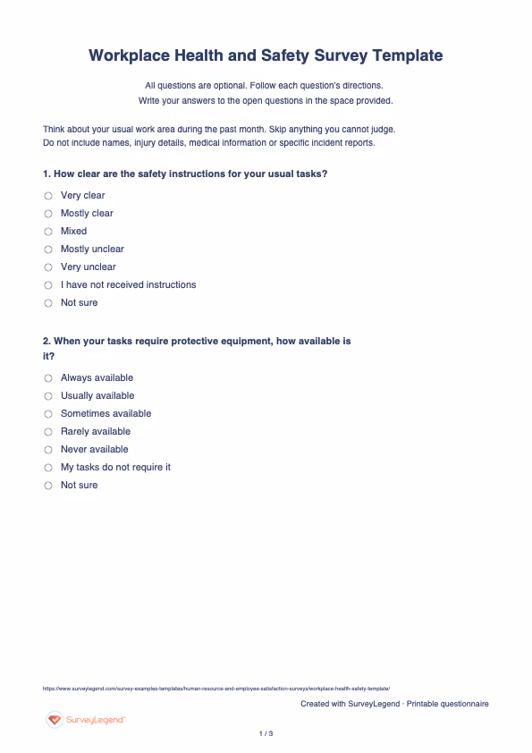 First page of the printable Workplace Health and Safety Survey Template with questions and answer spaces