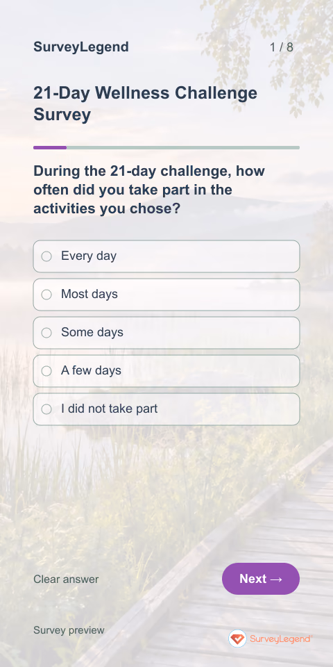 21-Day Wellness Challenge Survey: first question and response field, mobile preview