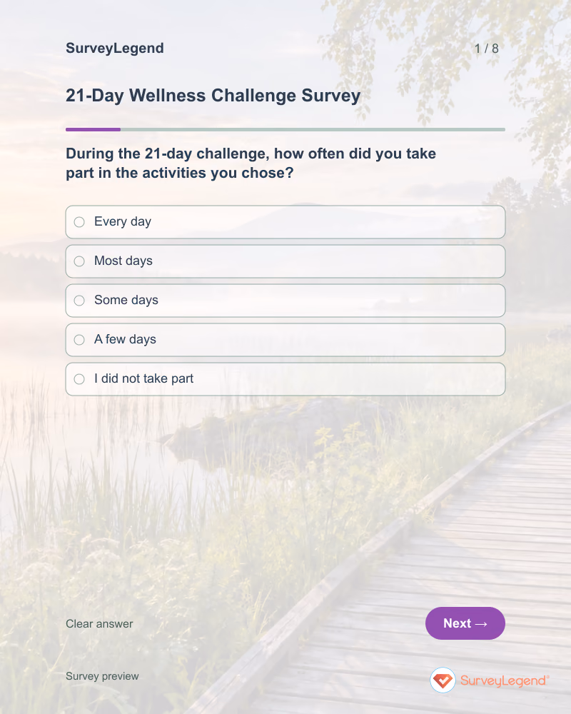 21-Day Wellness Challenge Survey: first question and response field, tablet preview