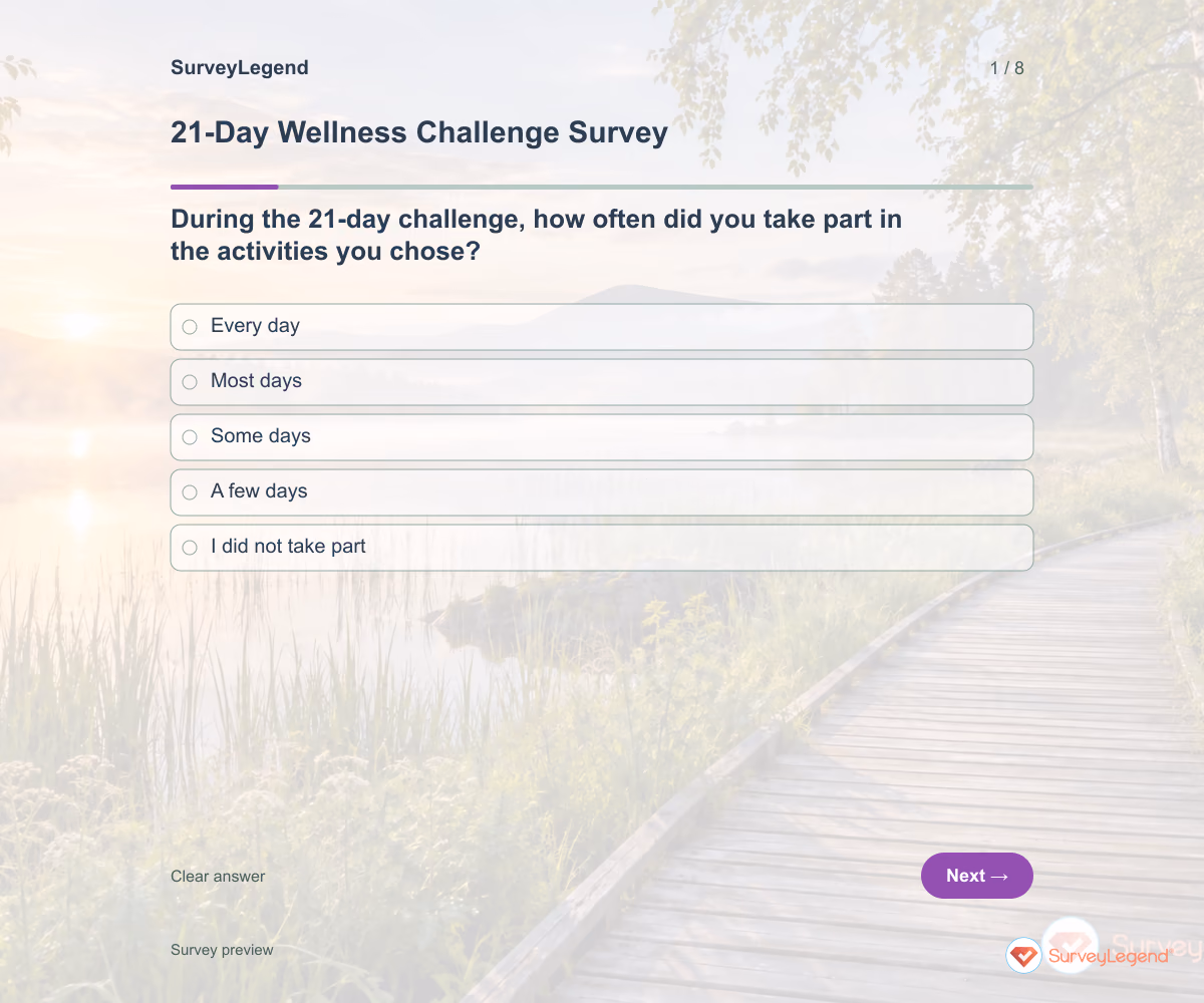 Preview of the 21-Day Wellness Challenge Survey demo showing its first question and response field