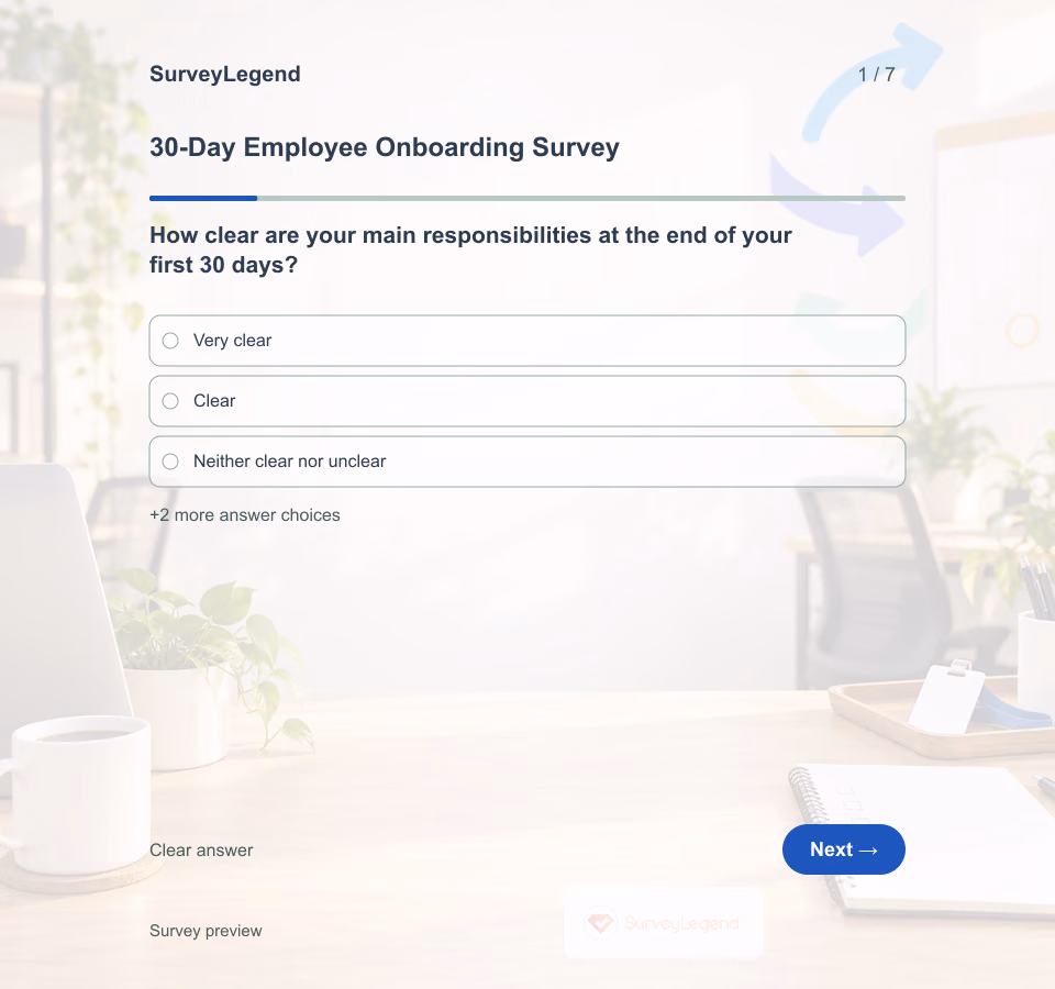 Preview of the 30-Day Employee Onboarding Survey Template showing its first question and answer choices