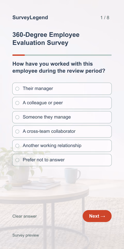 360-Degree Employee Evaluation Survey: first question and response field, mobile preview