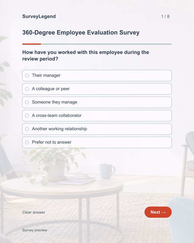 360-Degree Employee Evaluation Survey: first question and response field, tablet preview