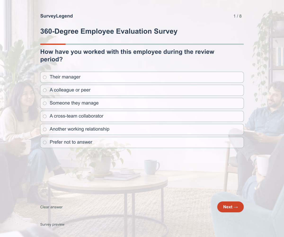 Preview of the 360-Degree Employee Evaluation Survey demo showing its first question and response field