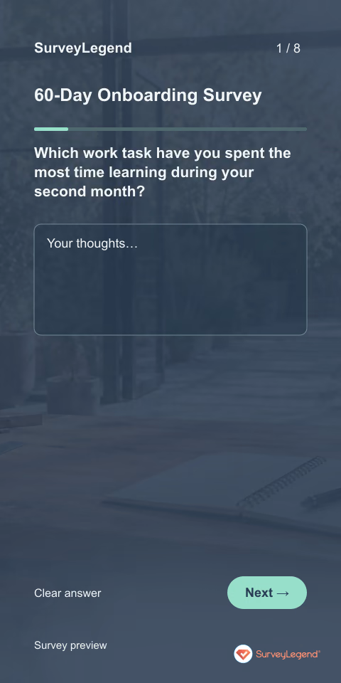 60-Day Onboarding Survey: first question and response field, mobile preview