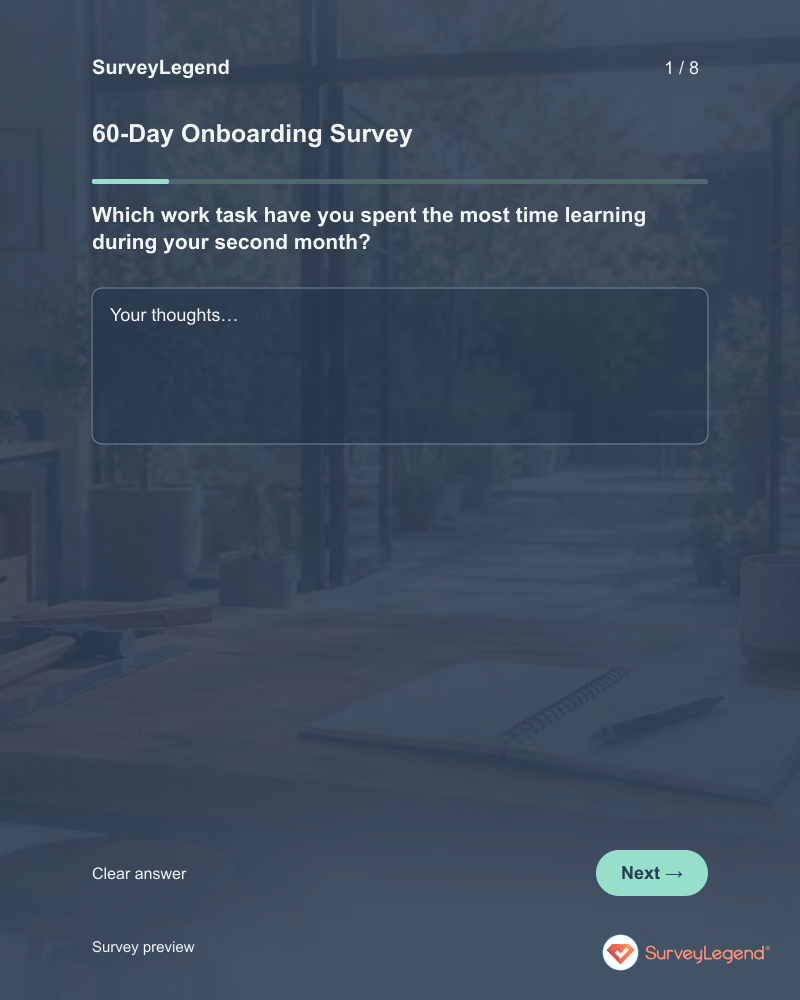 60-Day Onboarding Survey: first question and response field, tablet preview