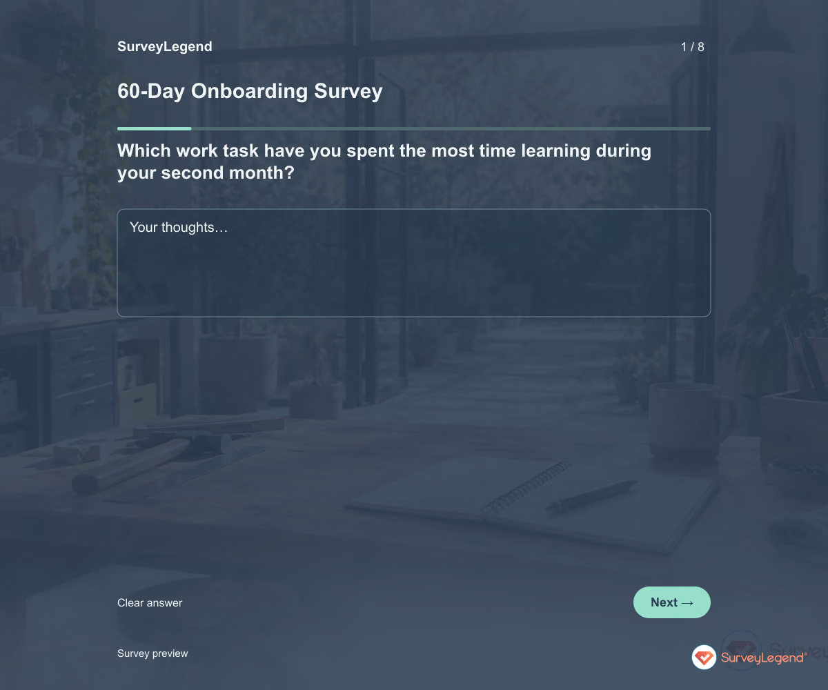 Preview of the 60-Day Onboarding Survey demo showing its first question and response field