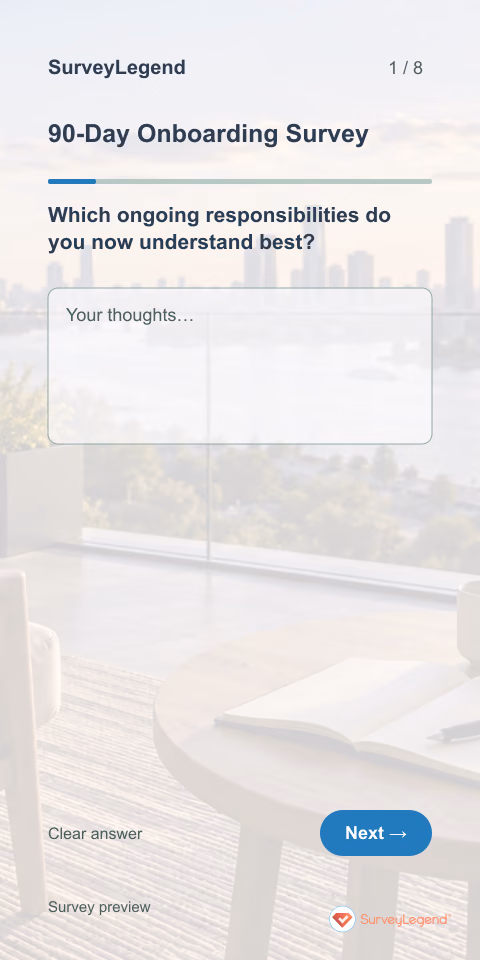 90-Day Onboarding Survey: first question and response field, mobile preview