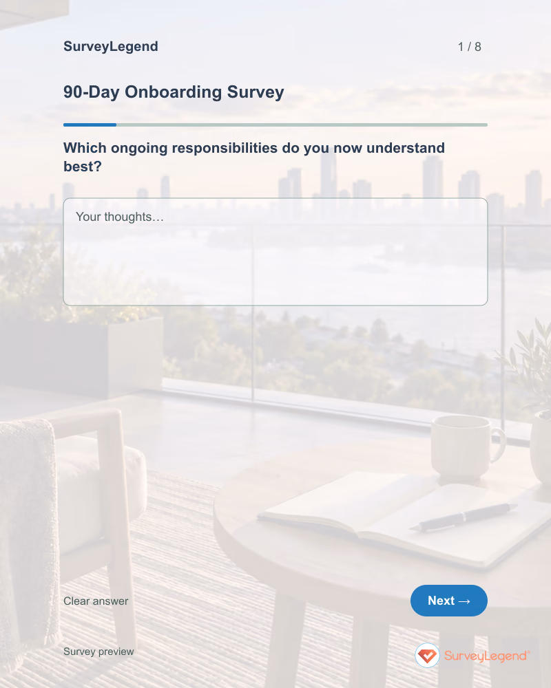 90-Day Onboarding Survey: first question and response field, tablet preview