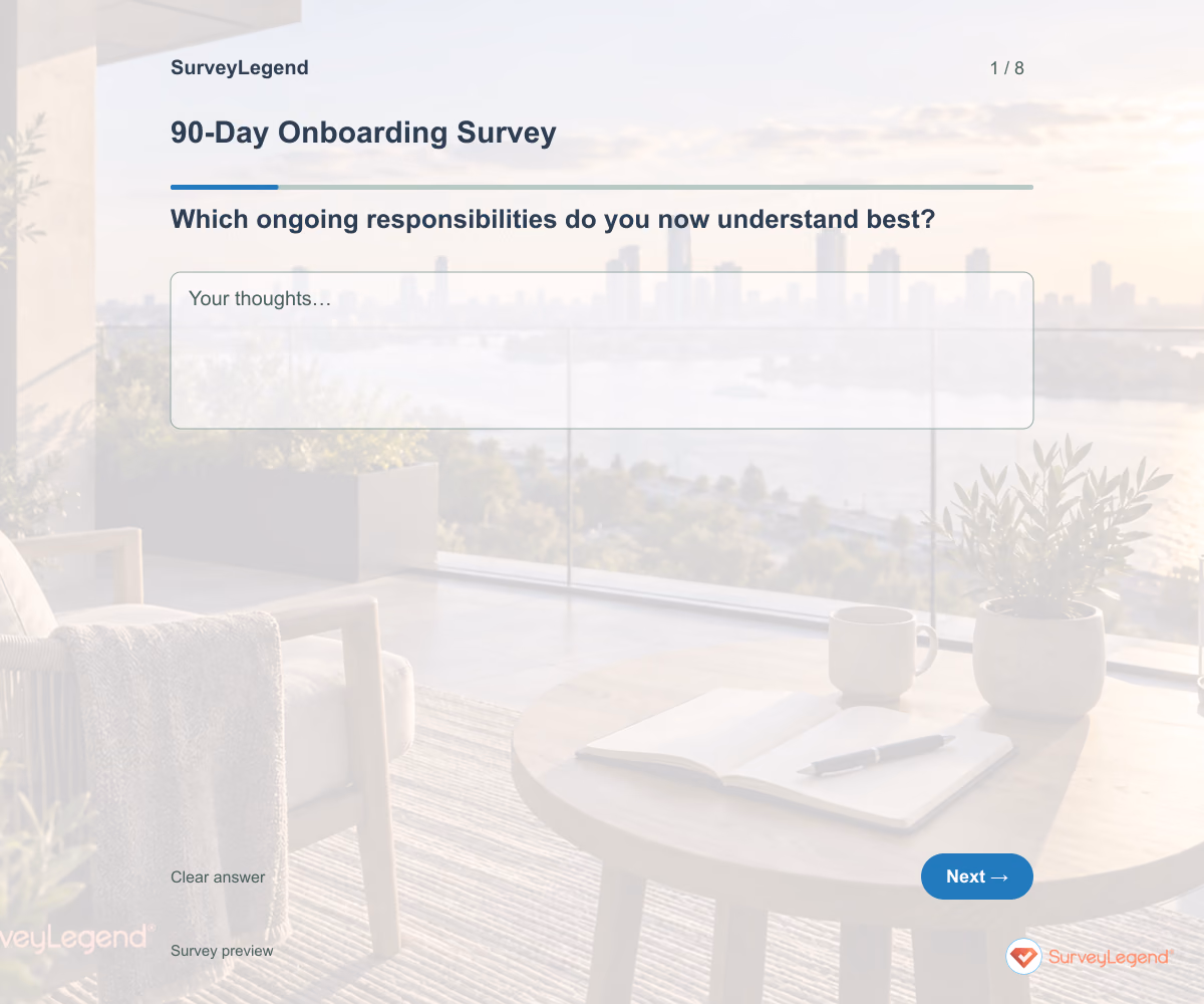 Preview of the 90-Day Onboarding Survey demo showing its first question and response field