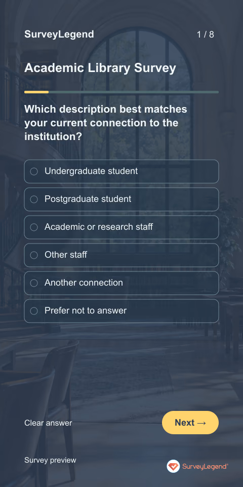 Academic Library Survey: first question and response field, mobile preview