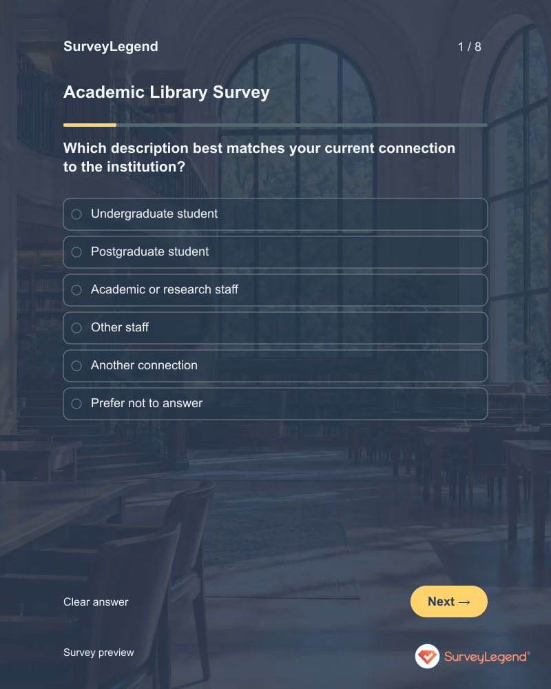 Academic Library Survey: first question and response field, tablet preview