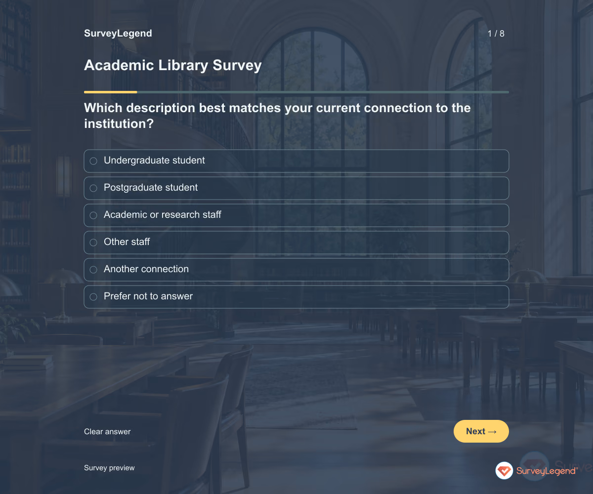 Preview of the Academic Library Survey demo showing its first question and response field